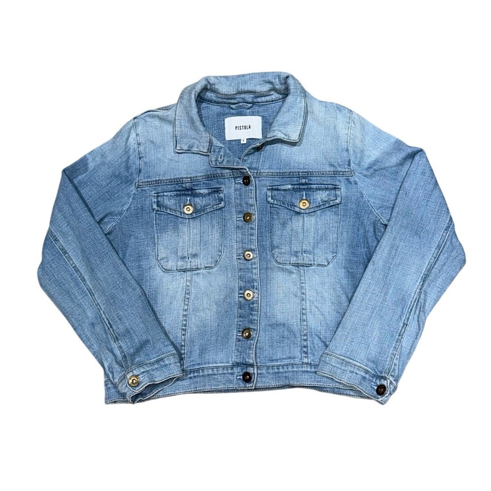PISTOLA Cropped Light Wash Stretch Denim Trucker Jacket | Broken In | Women's L